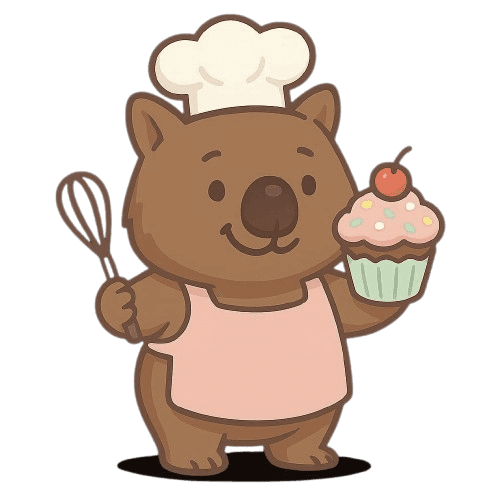 The Tipsy Wombat mascot, a cheerful wombat in a chef's hat holding a whisk and cupcake